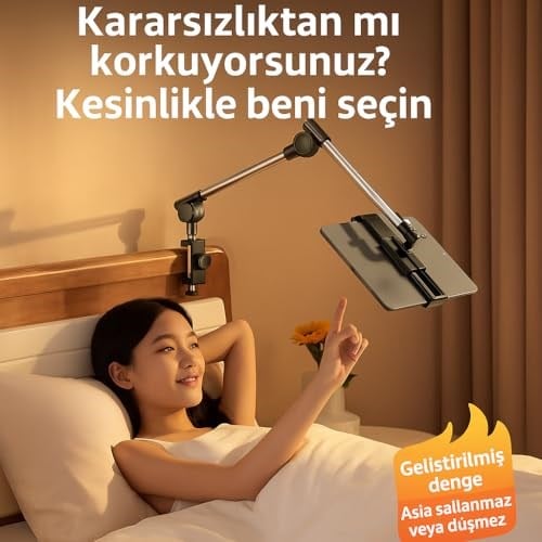 Coverzone Profesyonel 12.9 inçe kadar Uyumlu Tablet Tutucu Yüksekliği Ayarlanabilir Kol Ve Kendinden Açısı Ayarlanabilir 2 Eklemli 360 Derece Dual Turbo Auto Lock Siyah Renk ZM-050 (ZM-050)