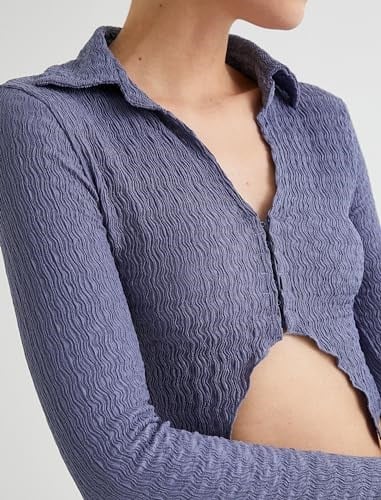 Crop Bluz Asimetrik Kesim Dokulu Slim Fit Uzun Kollu Gömlek Yaka Bürümcük