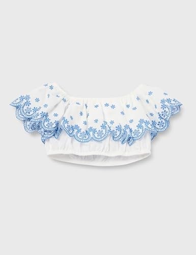 Crop Bluz Düşük Omuz Fırfırlı Katlı Floral Desenli Pamuklu