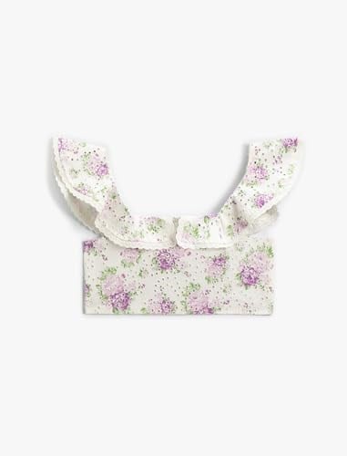 Crop Bluz Fistolu Çiçek Desenli Fırfırlı