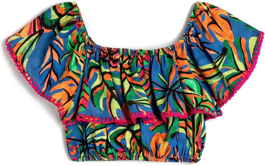 Crop Bluz Kolsuz Açık Omuz Fırfırlı Floral Desenli
