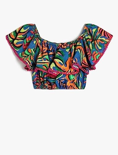 Crop Bluz Kolsuz Açık Omuz Fırfırlı Floral Desenli