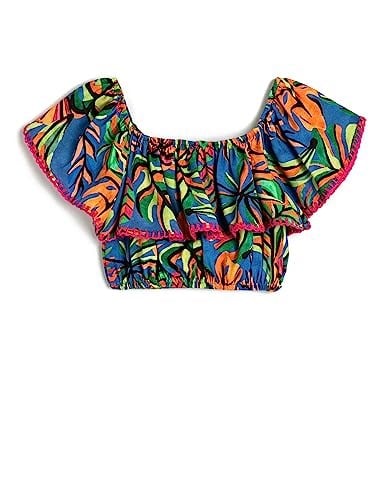 Crop Bluz Kolsuz Açık Omuz Fırfırlı Floral Desenli
