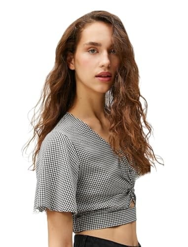 Crop Bluz V Yaka Pencere Detaylı V Yaka