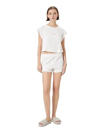 Crop Pijama Üstü Kısa Kollu Bisiklet Yaka Nakışlı Fitilli Viskon Karışımlı
