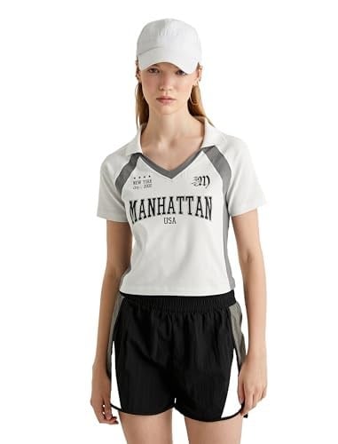 Crop Polo Tişört V Yaka Kısa Kollu Slim Fit