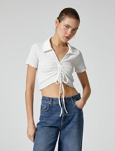 Crop Polo Yaka Tişört Önden Büzgülü Bağlamalı Dokulu Bürümcük