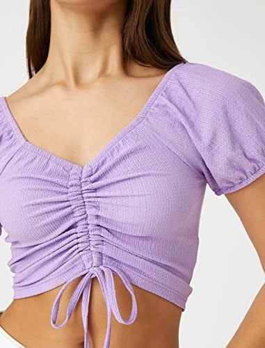 Crop Tişört Balon Kollu Büzgü Detaylı V Yaka Bürümcük