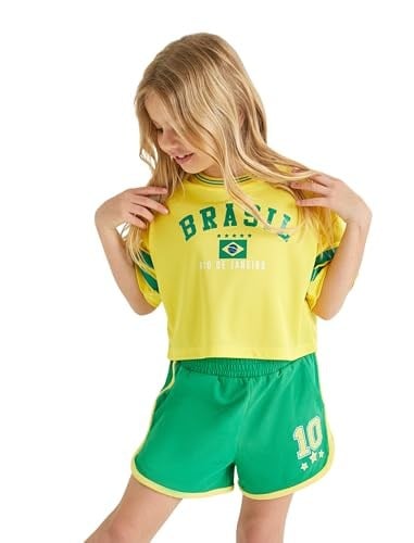 Crop Tişört Brasil Baskılı Kısa Kollu Bisiklet Yaka