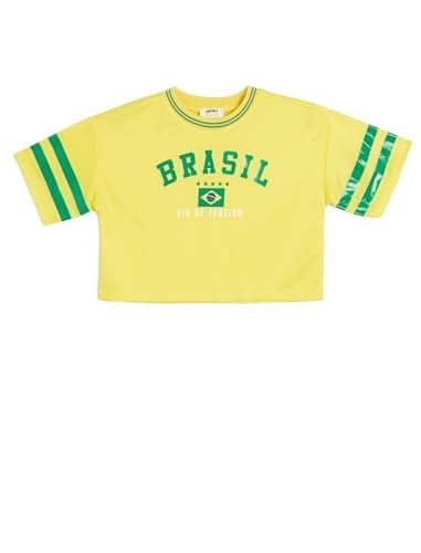Crop Tişört Brasil Baskılı Kısa Kollu Bisiklet Yaka