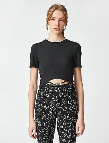 Crop Tshirt Kısa Kollu Bisiklet Yaka Metal Aksesuarlı