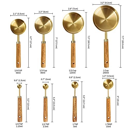 Cuteefun Ölçüm kabı ve ölçüm tüpü, 8 adet, ahşap sap, metrik ve ABD ölçülerinde, birinci sınıf paslanmaz çelik, altın cilalı, kuru ve sıvı ölçüm kabı, pişirme ve pişirme için