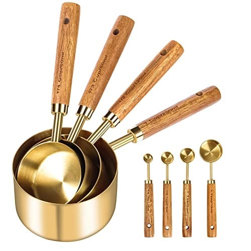 Cuteefun Ölçüm kabı ve ölçüm tüpü, 8 adet, ahşap sap, metrik ve ABD ölçülerinde, birinci sınıf paslanmaz çelik, altın cilalı, kuru ve sıvı ölçüm kabı, pişirme ve pişirme için