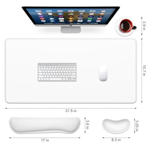 Dapesuom Klavye Bilek Dinlenme Mouse Pad Seti, 4 Adet Genişletilmiş Büyük XXL Oyun Mousepad + Fare Bilek Yastığı + Bellek Köpüğü Klavye Bilek Desteği + Bardak Altlığı, Beyaz 80 x 39,9 cm Ev Ofis için