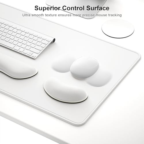 Dapesuom Klavye Bilek Dinlenme Mouse Pad Seti, 4 Adet Genişletilmiş Büyük XXL Oyun Mousepad + Fare Bilek Yastığı + Bellek Köpüğü Klavye Bilek Desteği + Bardak Altlığı, Beyaz 80 x 39,9 cm Ev Ofis için
