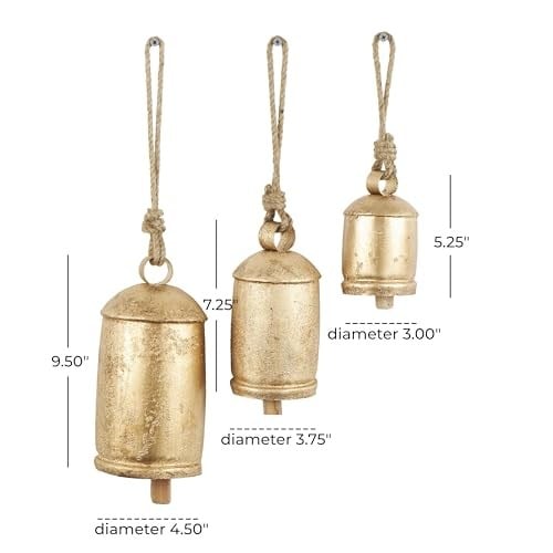 Deco 79 Dekoratif metal inek çanı, Tibet esintili, meditasyon, asmak için jüt halatlı, 3 adet, 25,4 cm, 20,3 cm, 15,2 cm yüksekliğinde, altın rengi