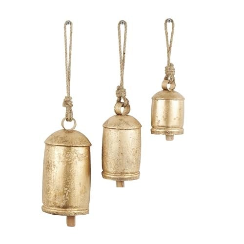 Deco 79 Dekoratif metal inek çanı, Tibet esintili, meditasyon, asmak için jüt halatlı, 3 adet, 25,4 cm, 20,3 cm, 15,2 cm yüksekliğinde, altın rengi
