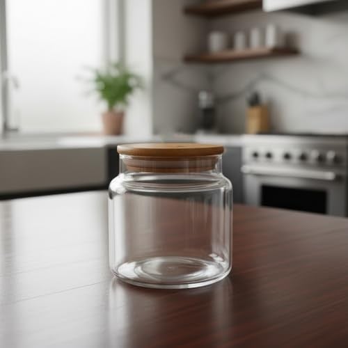 Deconox 1 Adet Bambu Kapaklı Borosilikat Cam Kavanoz - Vakumlu Sızdırmaz Silikon Contalı Yuvarlak Şeffaf Erzak Kabı Baharatlık ve Mutfak Düzenleyici (Boy Seçenekli) (500ML)