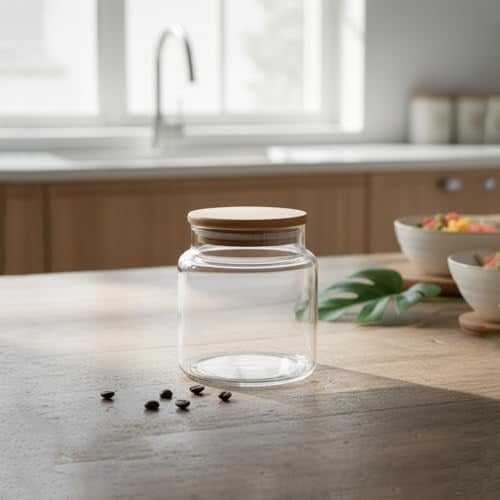 Deconox 1 Adet Bambu Kapaklı Borosilikat Cam Kavanoz - Vakumlu Sızdırmaz Silikon Contalı Yuvarlak Şeffaf Erzak Kabı Baharatlık ve Mutfak Düzenleyici (Boy Seçenekli) (500ML)