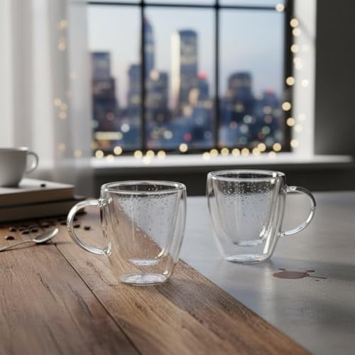 Deconox 2li Çift Cidarlı Borosilikat Cam Fincan Seti - 100 ml Espresso ve Türk Kahvesi Bardağı - Isıya Dayanıklı El Yakmayan Modern Tasarım (2 Adet)