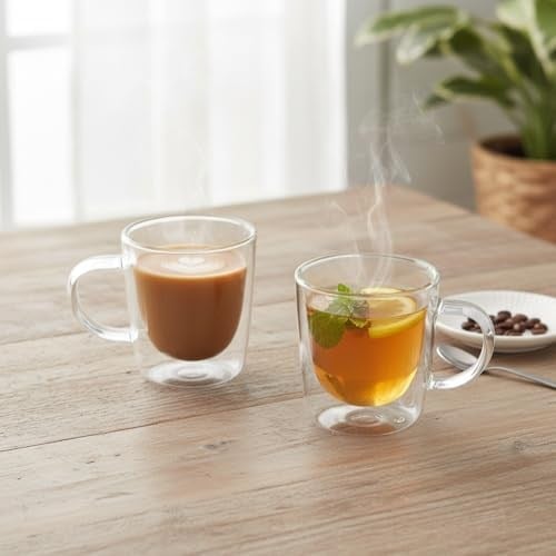 Deconox 2li Çift Cidarlı Kulplu Cam Fincan Seti - 100 ml Isıya Dayanıklı Espresso ve Türk Kahvesi Bardağı - El Yakmayan Modern Tasarım (2 Adet)