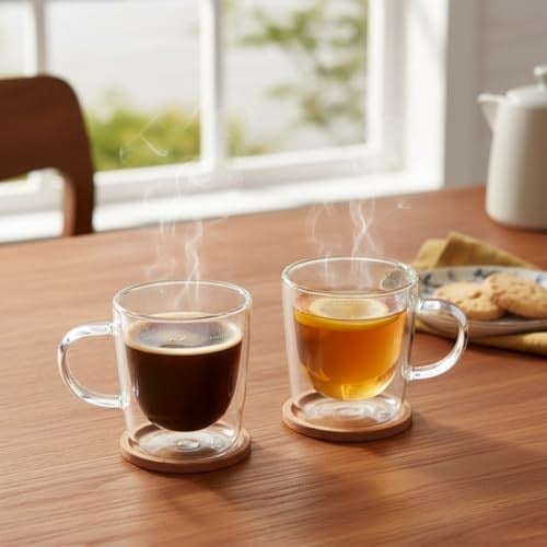 Deconox 2li Çift Cidarlı Kulplu Cam Fincan Seti - 100 ml Isıya Dayanıklı Espresso ve Türk Kahvesi Bardağı - El Yakmayan Modern Tasarım (2 Adet)