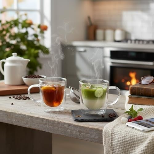Deconox 2li Çift Cidarlı Kulplu Cam Fincan Seti - 100 ml Isıya Dayanıklı Espresso ve Türk Kahvesi Bardağı - El Yakmayan Modern Tasarım (2 Adet)