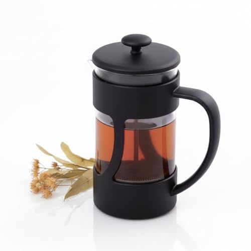 Deconox 350 ml French Press Filtre Kahve ve Bitki Çayı Demleme Kupası | Metal Filtreli, Isıya Dayanıklı, Portatif Siyah Demlik| İÇ HAZNE SERT KRİSTAL MİKADANDIR CAM DEĞİLDİR