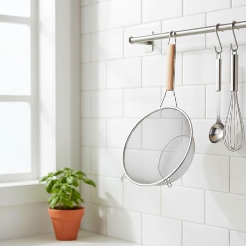 Deconox Ahşap Saplı Paslanmaz Çelik Süzgeç, Büyük Boy Metal Süzgeç 24 * 10 Cm - Estetik ve Dayanıklı: Ahşap Saplı Paslanmaz Çelik Süzgeç - Büyük Boy Metal Süzgeç