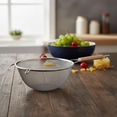 Deconox Ahşap Saplı Paslanmaz Çelik Süzgeç, Büyük Boy Metal Süzgeç 24 * 10 Cm - Estetik ve Dayanıklı: Ahşap Saplı Paslanmaz Çelik Süzgeç - Büyük Boy Metal Süzgeç