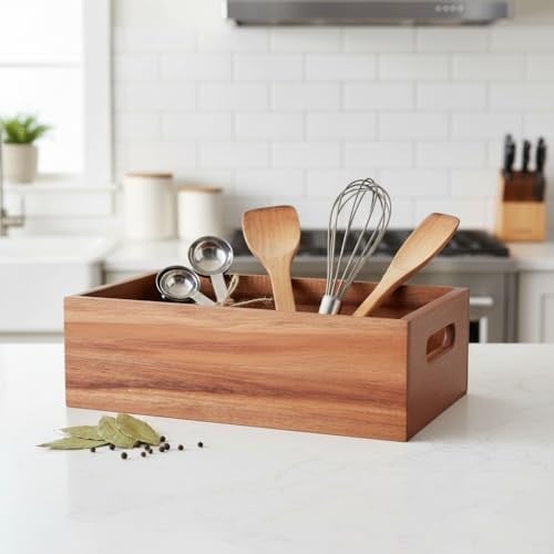 Deconox Akasya Ağacı Ekmeklik & Çok Amaçlı Organizer Kutu – 25x14x8 cm El Yapımı Doğal Ahşap Servis Tepsisi | Mutfak, Banyo, Ofis ve Ev Düzenleyici Kutu | Kulplu Dekoratif Ahşap Kutu