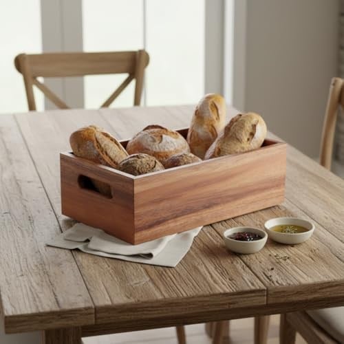 Deconox Akasya Ağacı Ekmeklik & Çok Amaçlı Organizer Kutu – 25x14x8 cm El Yapımı Doğal Ahşap Servis Tepsisi | Mutfak, Banyo, Ofis ve Ev Düzenleyici Kutu | Kulplu Dekoratif Ahşap Kutu