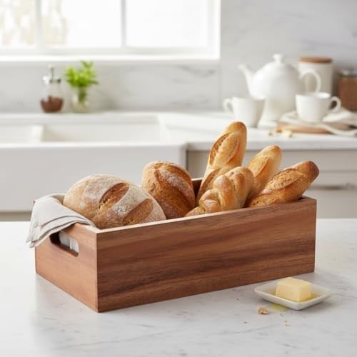 Deconox Akasya Ağacı Ekmeklik & Çok Amaçlı Organizer Kutu – 25x14x8 cm El Yapımı Doğal Ahşap Servis Tepsisi | Mutfak, Banyo, Ofis ve Ev Düzenleyici Kutu | Kulplu Dekoratif Ahşap Kutu