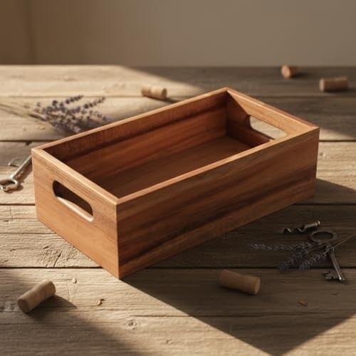 Deconox Akasya Ağacı Ekmeklik & Çok Amaçlı Organizer Kutu – 25x14x8 cm El Yapımı Doğal Ahşap Servis Tepsisi | Mutfak, Banyo, Ofis ve Ev Düzenleyici Kutu | Kulplu Dekoratif Ahşap Kutu