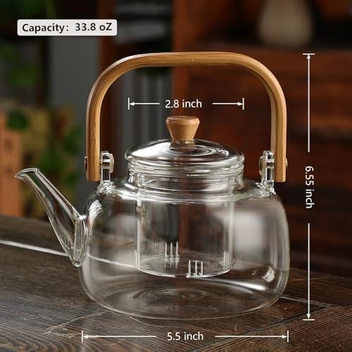 Deconox Bambu Saplı Isıya Dayanıklı Borosilikat Cam Süzgeçli Demlik 1000ml, Isıya Dayanıklı Cam Bitki Çayı Demliği 1000ml