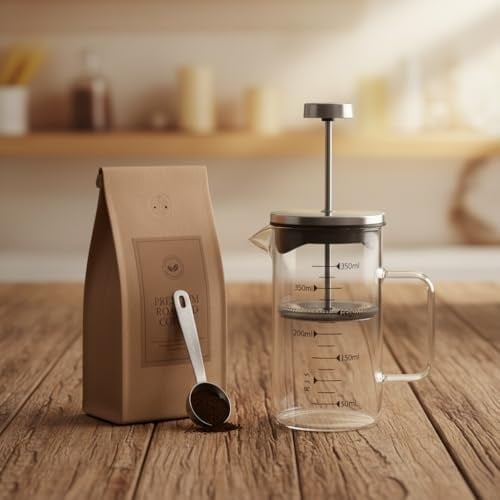 Deconox Borosilikat Cam French Press 350ml - Paslanmaz Çelik Filtreli Ölçekli Kahve ve Bitki Çayı Demliği - Isıya Dayanıklı Kişisel Kupa - Metal Kapaklı