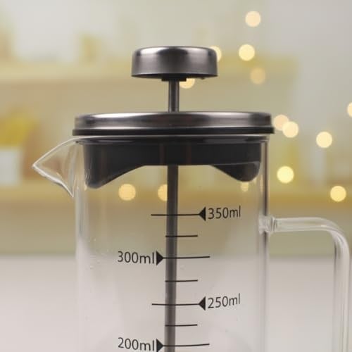 Deconox Borosilikat Cam French Press 350ml - Paslanmaz Çelik Filtreli Ölçekli Kahve ve Bitki Çayı Demliği - Isıya Dayanıklı Kişisel Kupa - Metal Kapaklı