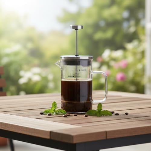 Deconox Borosilikat Cam French Press 350ml - Paslanmaz Çelik Filtreli Ölçekli Kahve ve Bitki Çayı Demliği - Isıya Dayanıklı Kişisel Kupa - Metal Kapaklı