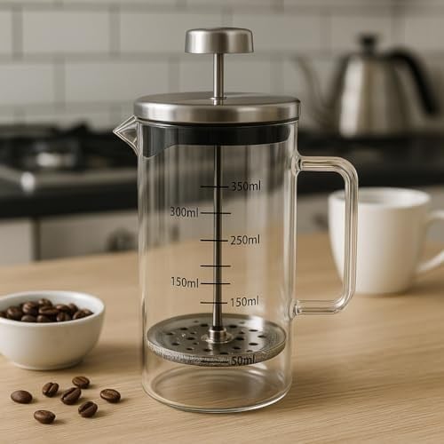 Deconox Borosilikat Cam French Press 350ml - Paslanmaz Çelik Filtreli Ölçekli Kahve ve Bitki Çayı Demliği - Isıya Dayanıklı Kişisel Kupa - Metal Kapaklı
