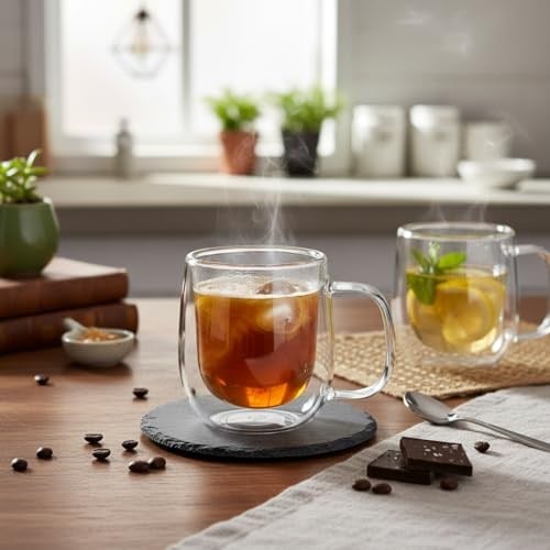 Deconox Çift Cidarlı (Double Wall) Kulplu Cam Kupa - 250 ml Isıya Dayanıklı Borosilikat Çay ve Kahve Kupası - El Yakmayan Modern Tasarım Mug