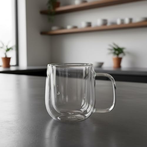 Deconox Çift Cidarlı (Double Wall) Kulplu Cam Kupa - 250 ml Isıya Dayanıklı Borosilikat Çay ve Kahve Kupası - El Yakmayan Modern Tasarım Mug