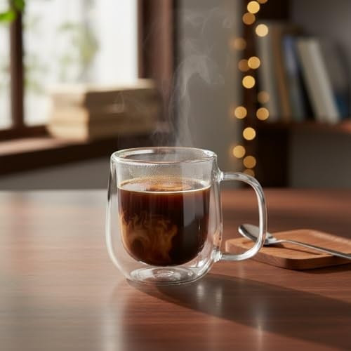 Deconox Çift Cidarlı (Double Wall) Kulplu Cam Kupa - 250 ml Isıya Dayanıklı Borosilikat Çay ve Kahve Kupası - El Yakmayan Modern Tasarım Mug