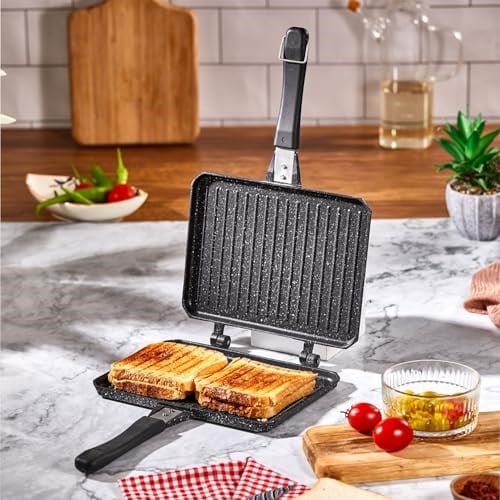 Deconox Çift Taraflı Ocak Üstü Döküm Tost Makinesi, Granit Efektli Yanmaz Yapışmaz Sandviç ve Tost Tavası - Hamburger, Omlet ve Aperatifler İçin İdeal | Ergonomik Saplı Kolay Temizlenebilir Grill Tava