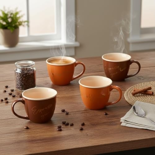 Deconox Emaye Görünümlü Porselen Kupa 200 ml - Özel Kutulu Toprak Tonları ve Gold Baskılı Asorti Hediyelik Kahve Kupası (1 Adet)
