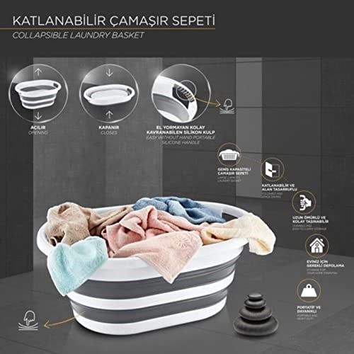 Deconox Katlanabilir Çamaşır Sepeti Gri Mega Boy 38’lt Silikon Akordiyon Sepet, Katlanabilir Çamaşır Sepeti Gri Mega Boy 38’lt Silikon Akordiyon Sepet