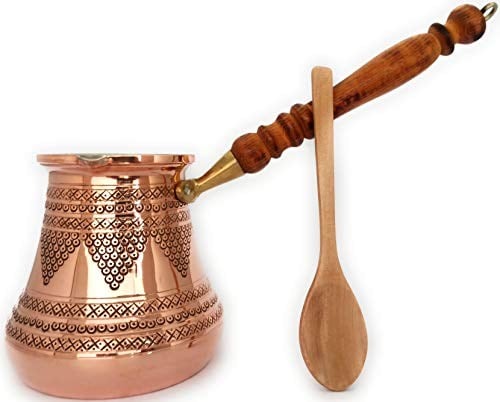 DEDE Copper -2020- PCZ Serisi (XXLarge-28fl.oz) - Ahşap Saplı En Kalın Katı Bakır Damgalı ve Dövülmüş Türk Yunan Arap Kahve Demliği, Ocak Üstü Kahve Makinesi, Cezve, Jezve, Jazva, Ibrik, Briki