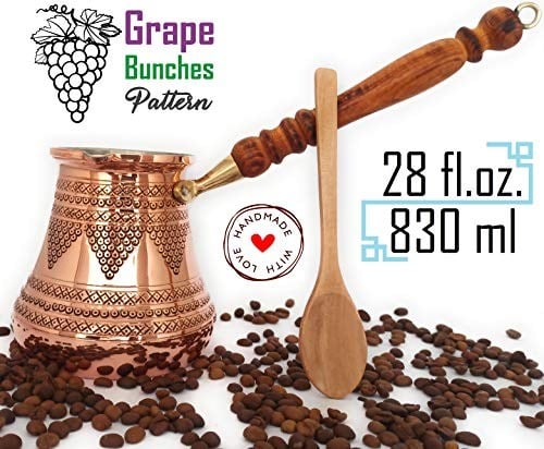 DEDE Copper -2020- PCZ Serisi (XXLarge-28fl.oz) - Ahşap Saplı En Kalın Katı Bakır Damgalı ve Dövülmüş Türk Yunan Arap Kahve Demliği, Ocak Üstü Kahve Makinesi, Cezve, Jezve, Jazva, Ibrik, Briki