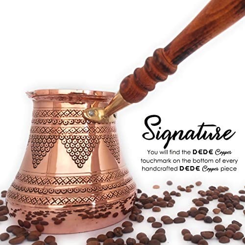 DEDE Copper -2020- PCZ Serisi (XXLarge-28fl.oz) - Ahşap Saplı En Kalın Katı Bakır Damgalı ve Dövülmüş Türk Yunan Arap Kahve Demliği, Ocak Üstü Kahve Makinesi, Cezve, Jezve, Jazva, Ibrik, Briki
