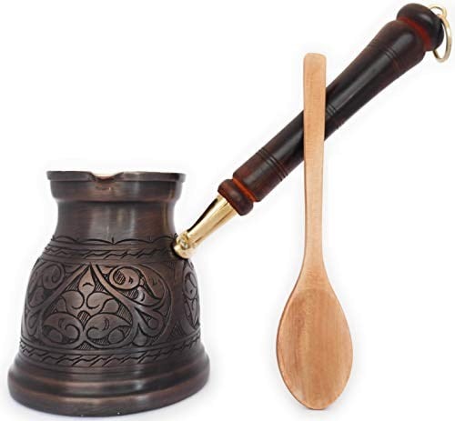 DEDE Copper - IST Serisi (XLarge-16,9 floz)-Kalın Katı Bakır Oymalı Türk Yunan Arap Kahve Demliği, Ahşap Saplı Ocak Üstü Kahve Makinesi Cezve, Jezve, Jazz Cazzve, Ibrik, Briki (Antik)