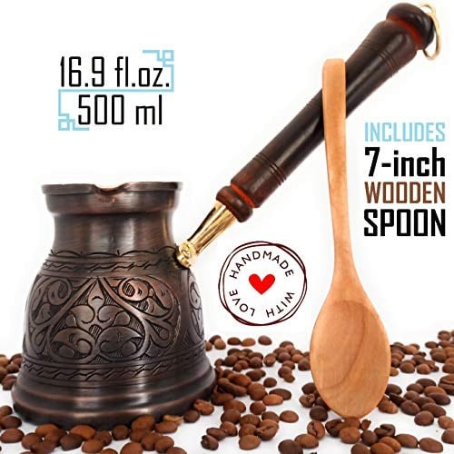 DEDE Copper - IST Serisi (XLarge-16,9 floz)-Kalın Katı Bakır Oymalı Türk Yunan Arap Kahve Demliği, Ahşap Saplı Ocak Üstü Kahve Makinesi Cezve, Jezve, Jazz Cazzve, Ibrik, Briki (Antik)